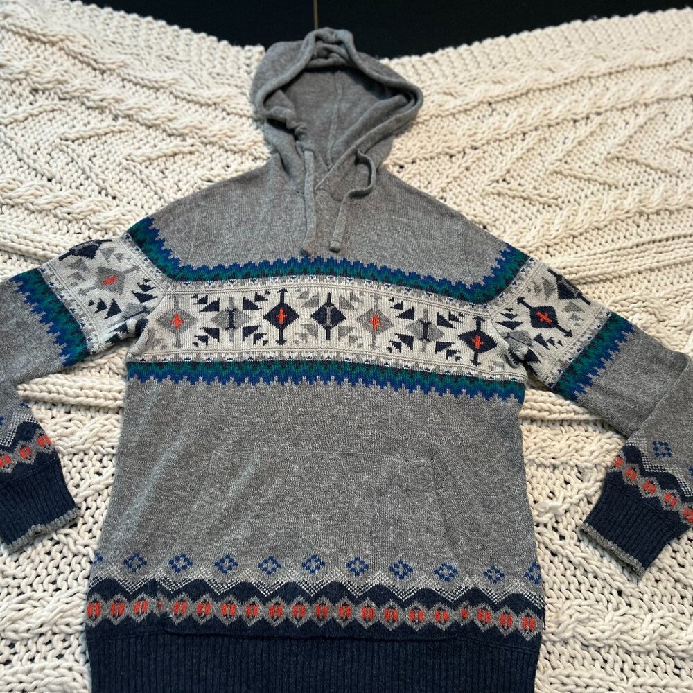 American Eagle Aztec Tribal Blue Gray Print Hoodie Sweater Men's Medium